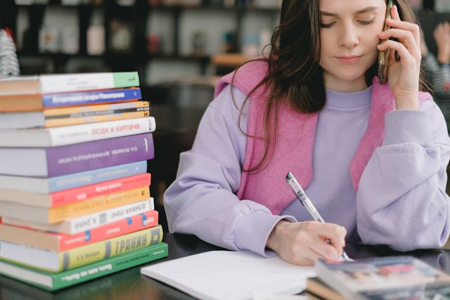 Female student studying while on-call