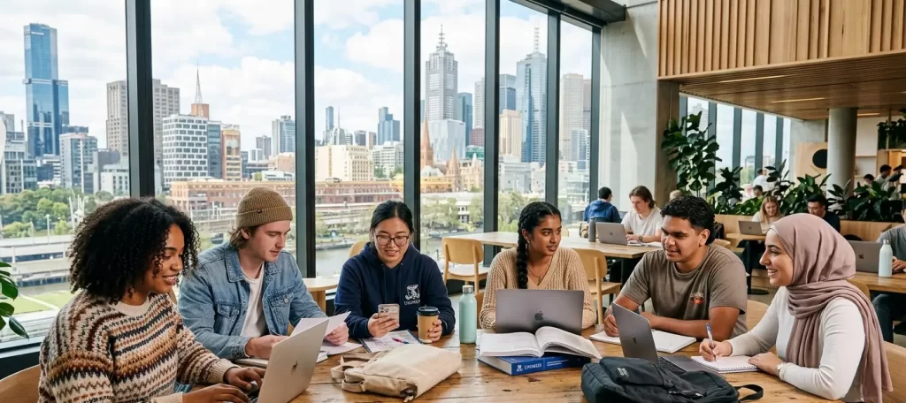 A diverse group of university students sitting around a table in a modern co-working space